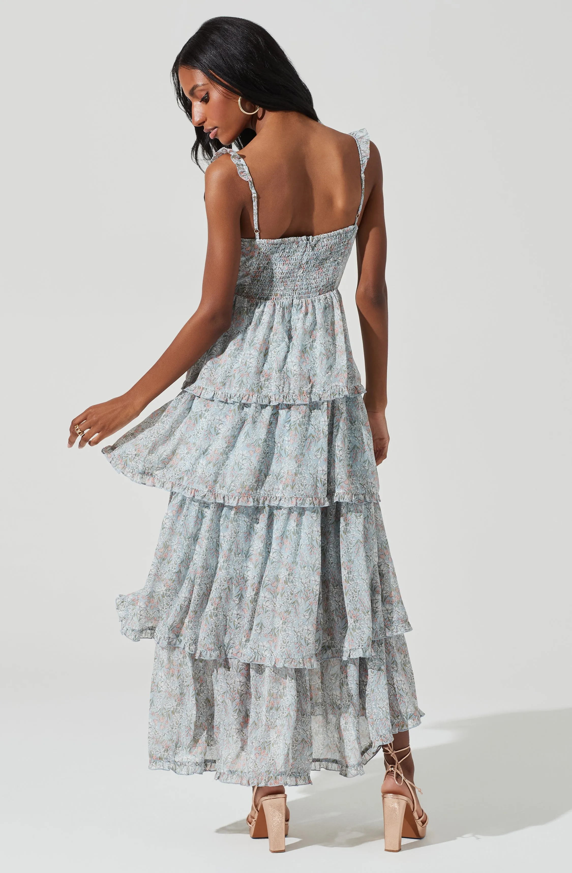 Flutter Strap Floral Tiered Maxi Dress