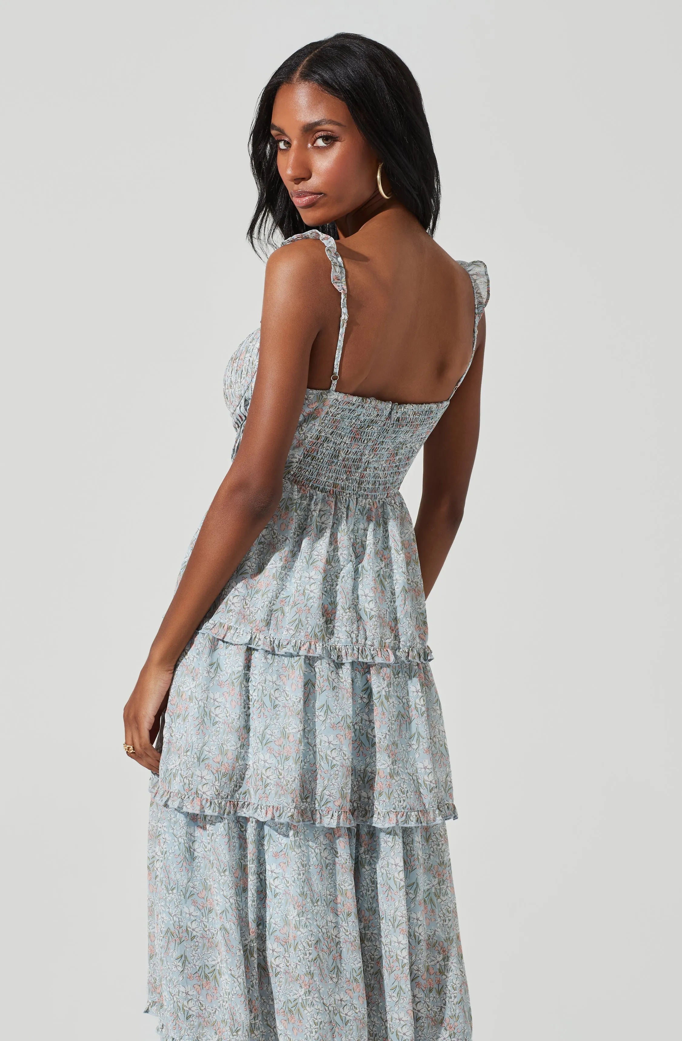 Flutter Strap Floral Tiered Maxi Dress