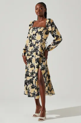 Hayden Floral Square Neck Tie Waist Midi Dress