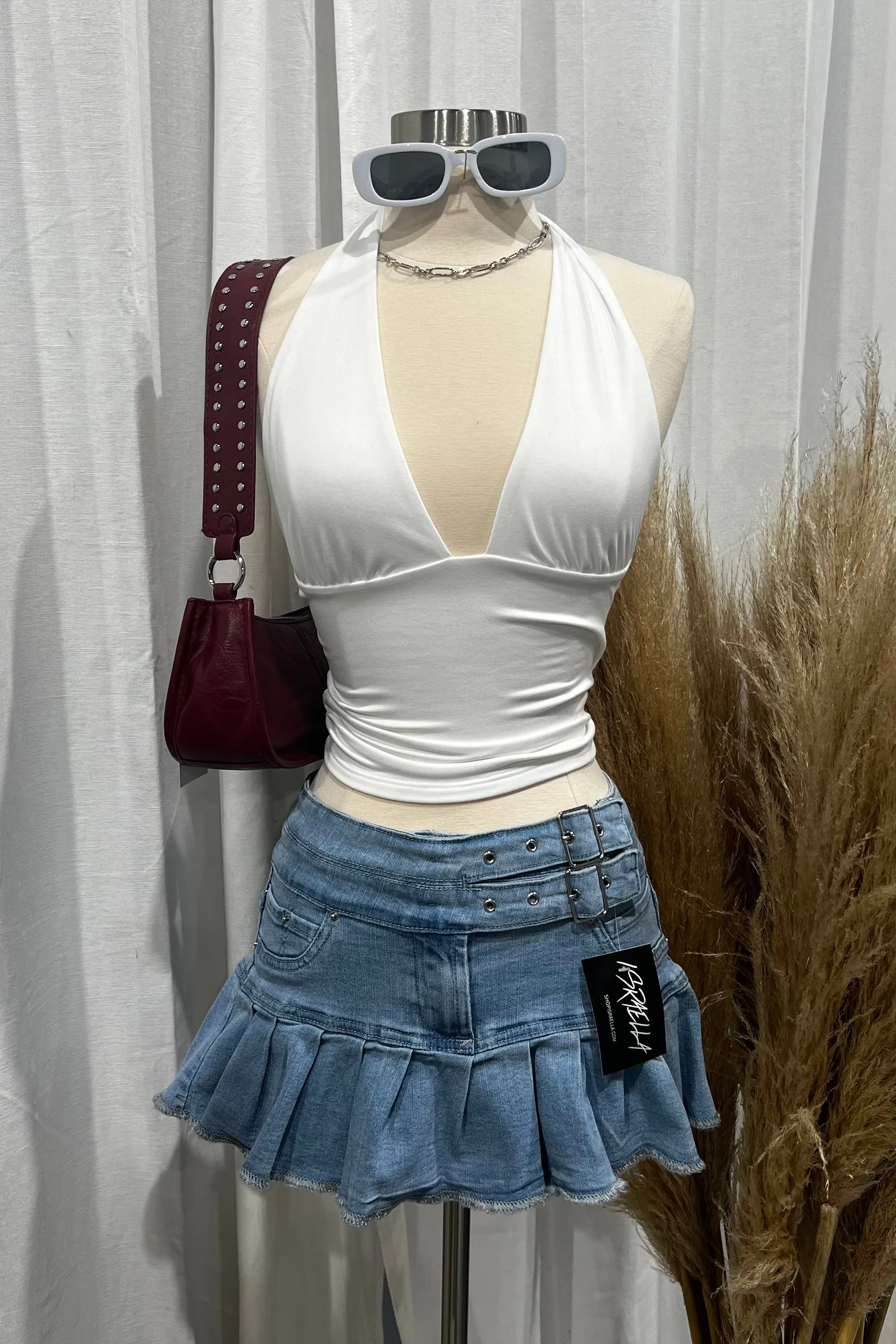 Kiara Pleated Mini Skirt (Light Wash Denim)