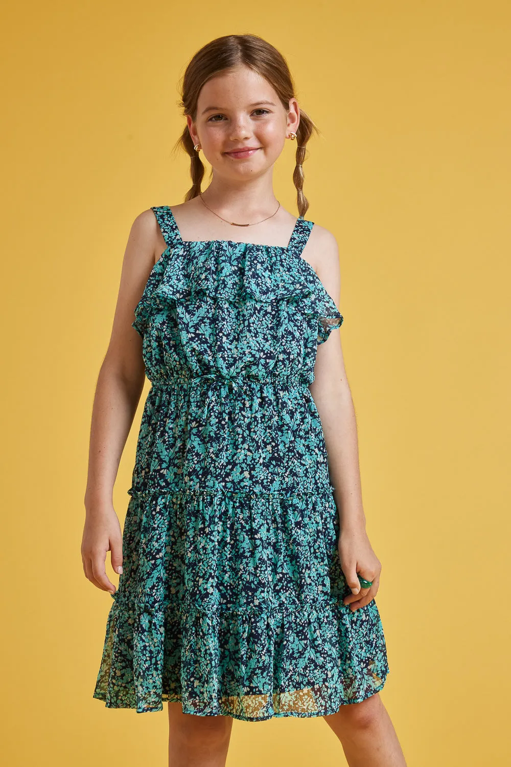 Kids Navy Floral Sleeveless Ruffle Dress