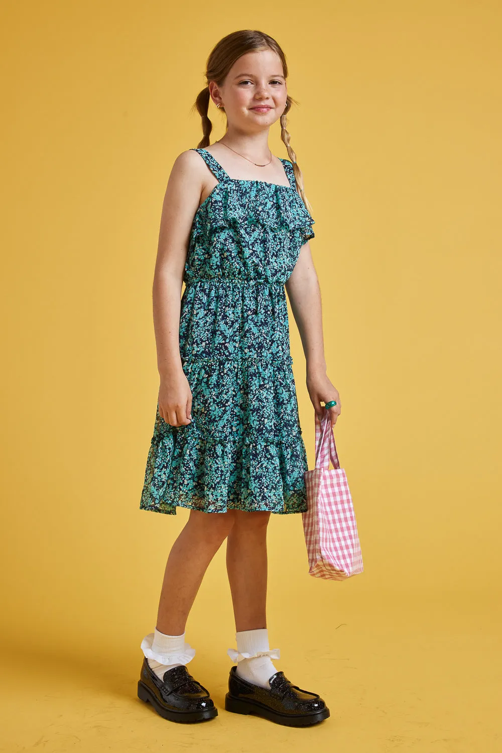 Kids Navy Floral Sleeveless Ruffle Dress