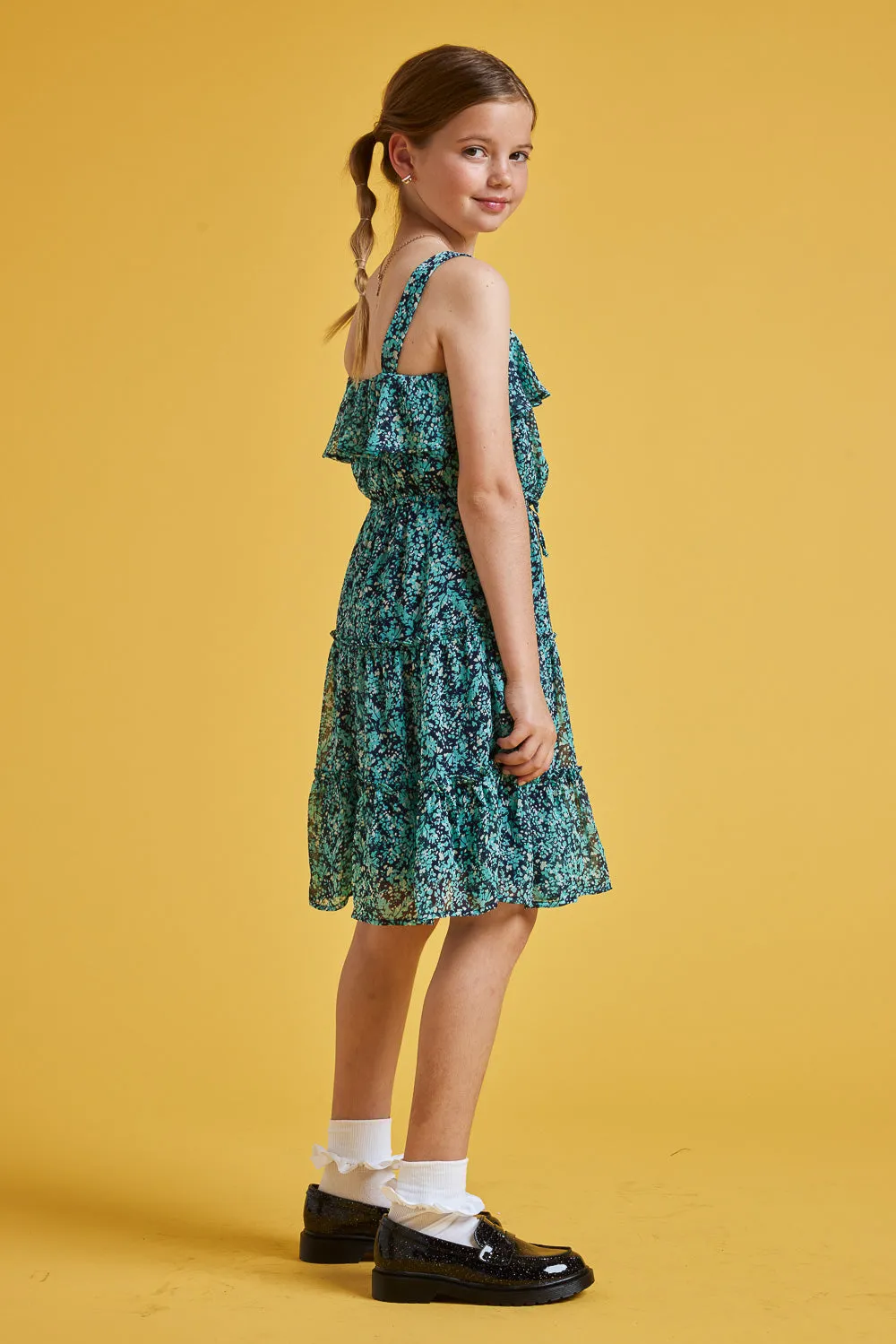 Kids Navy Floral Sleeveless Ruffle Dress