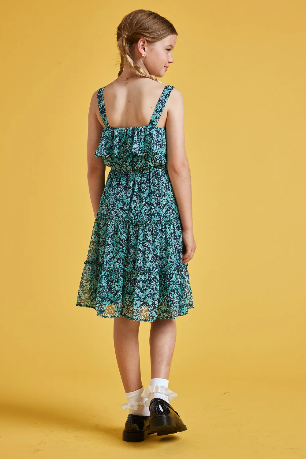 Kids Navy Floral Sleeveless Ruffle Dress