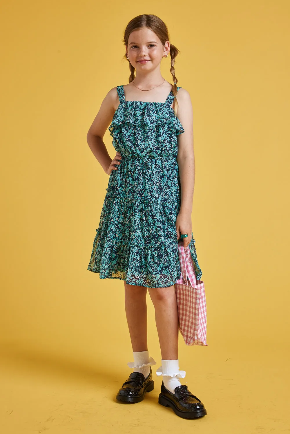 Kids Navy Floral Sleeveless Ruffle Dress