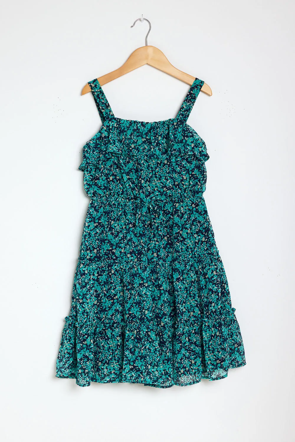 Kids Navy Floral Sleeveless Ruffle Dress