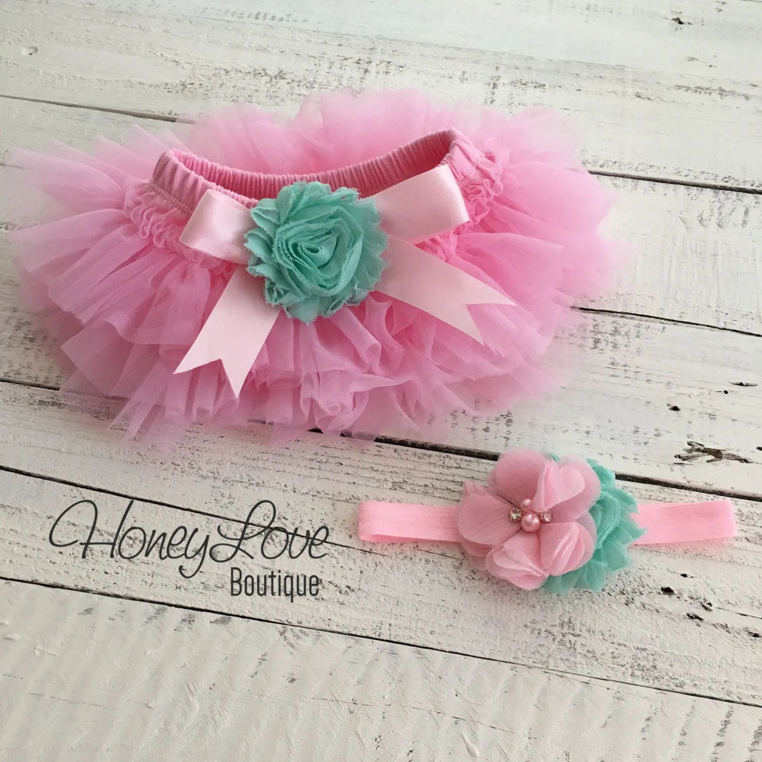 Light Pink and Mint/Aqua Embellished tutu skirt bloomers and headband
