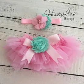Light Pink and Mint/Aqua Embellished tutu skirt bloomers and headband