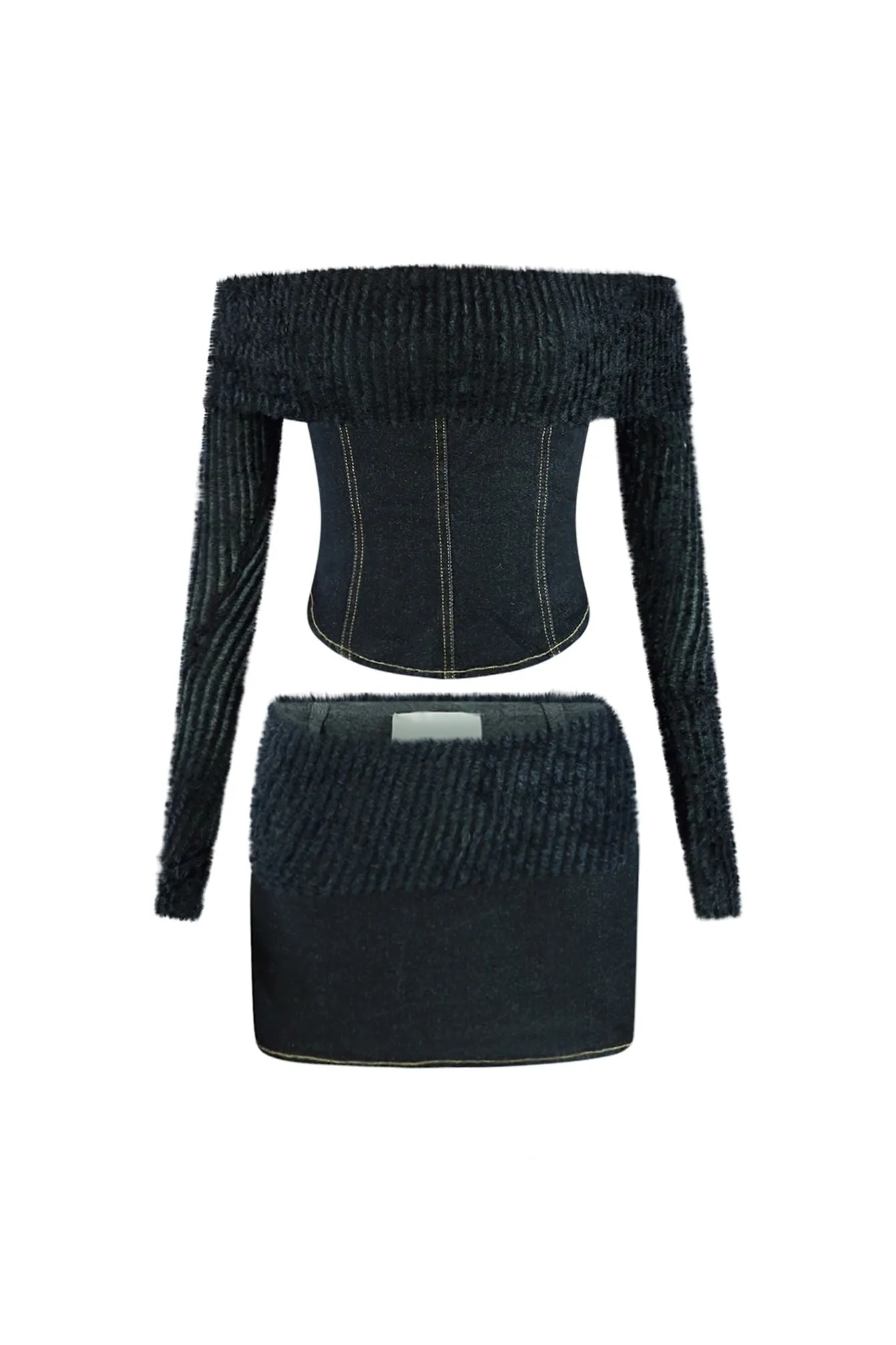 Lizzy Denim Fuzzy Knit Top & Skirt SET