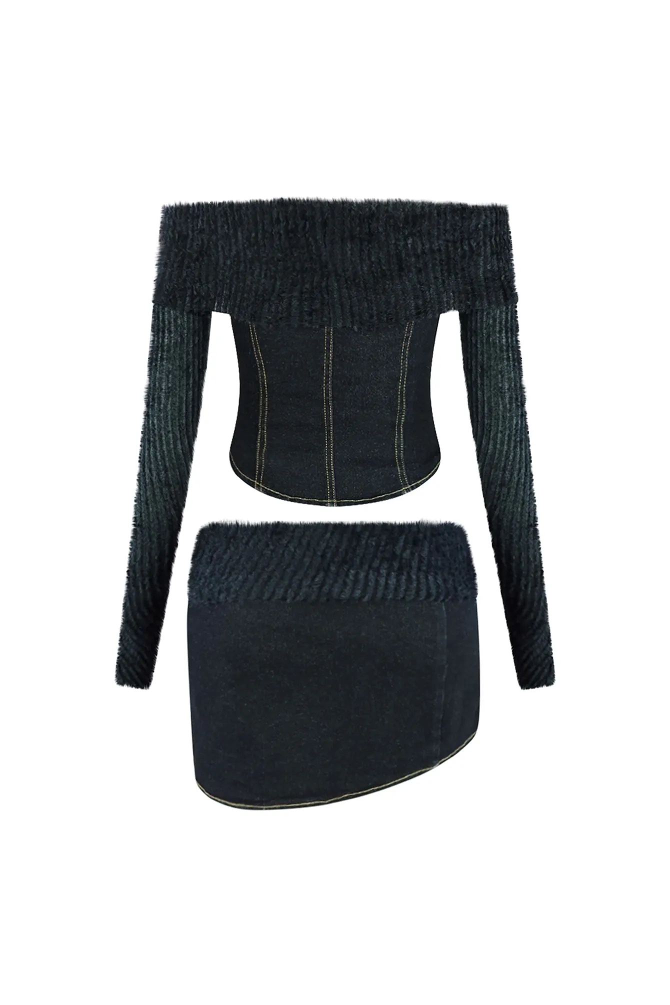 Lizzy Denim Fuzzy Knit Top & Skirt SET