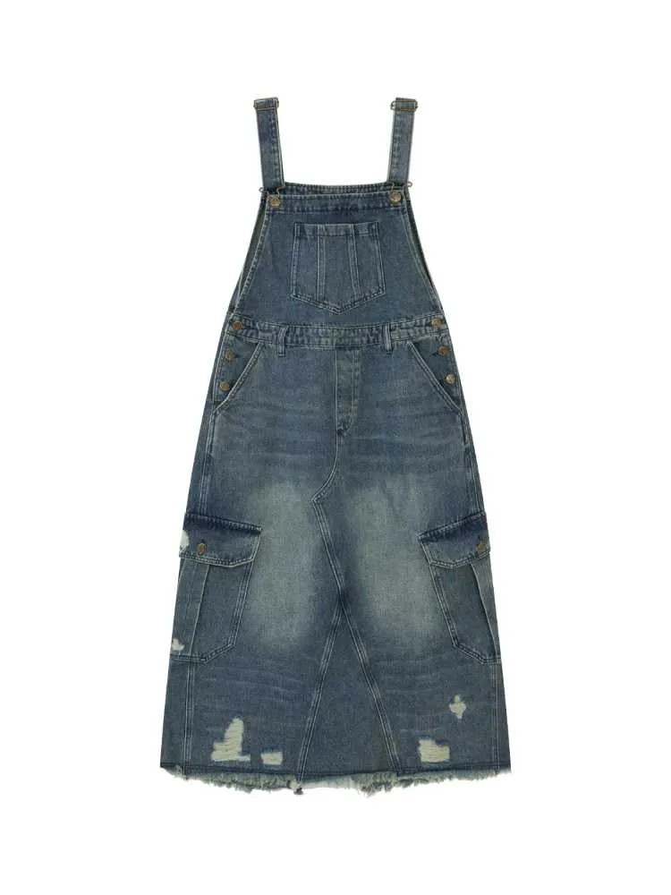 Loose denim suspender skirt【s0000009796】