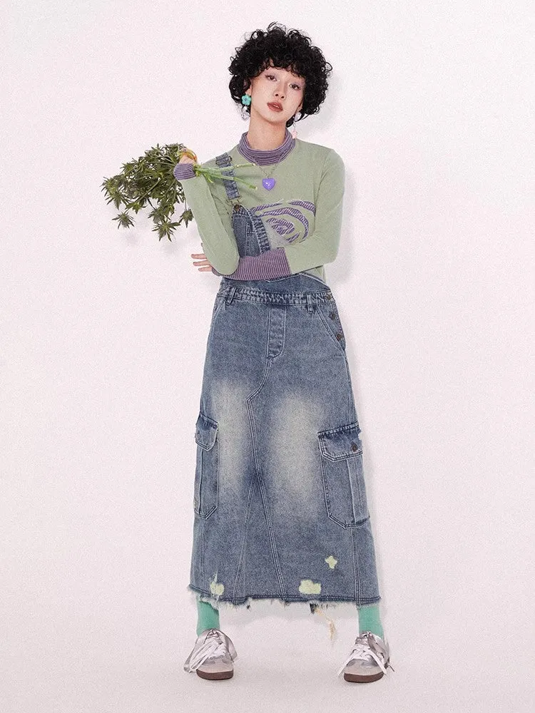 Loose denim suspender skirt【s0000009796】