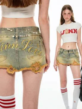 Low Waist Distressed Denim Mini Skirt【s0000009133】