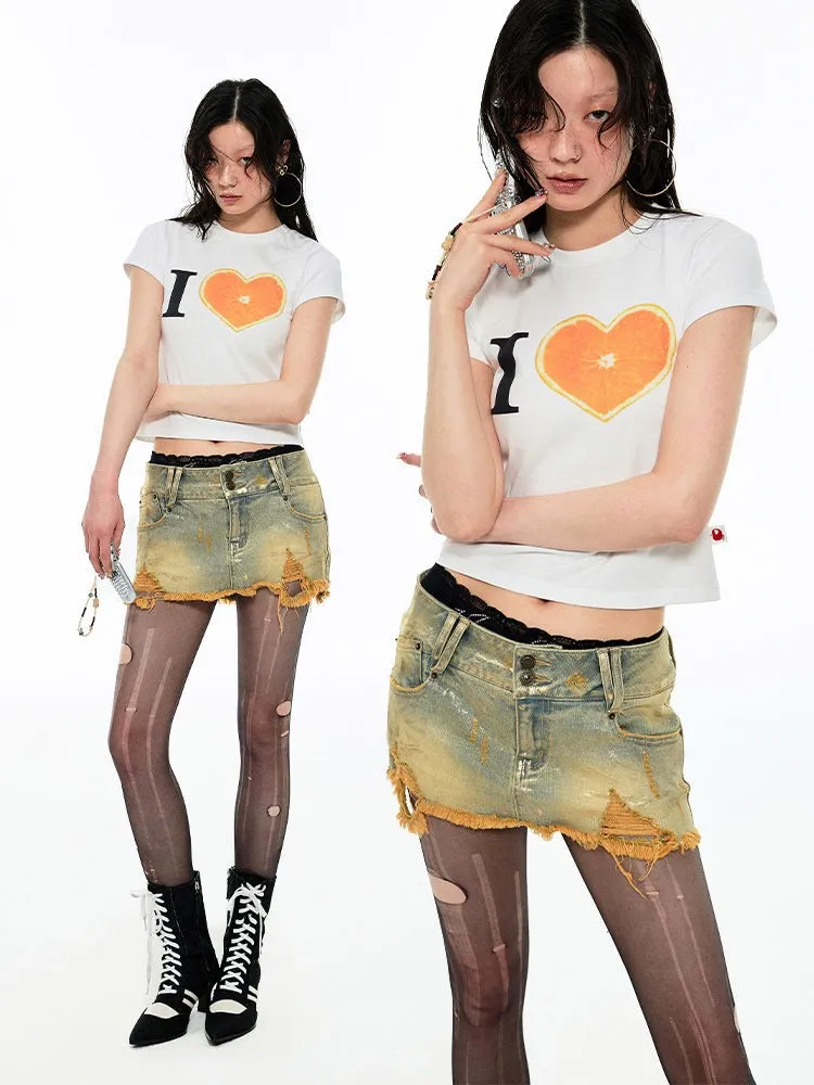 Low Waist Distressed Denim Mini Skirt【s0000009133】