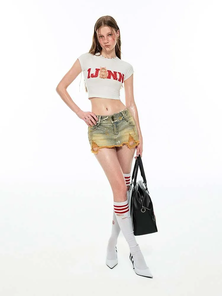 Low Waist Distressed Denim Mini Skirt【s0000009133】