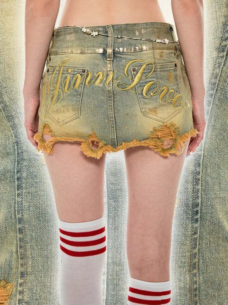 Low Waist Distressed Denim Mini Skirt【s0000009133】