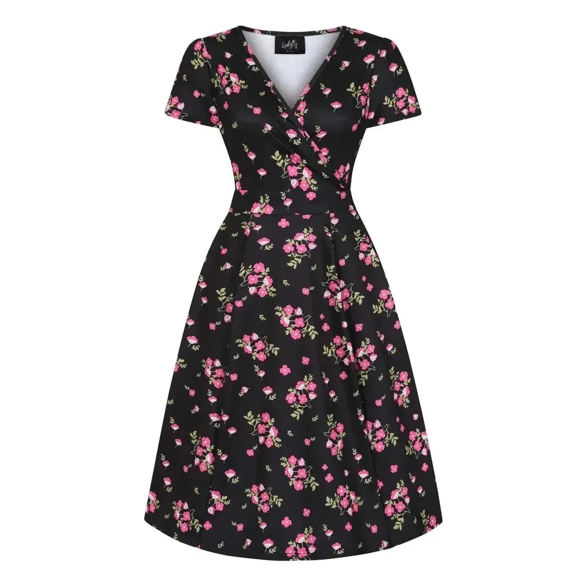 Lyra Dress - Pink Flowers on Black