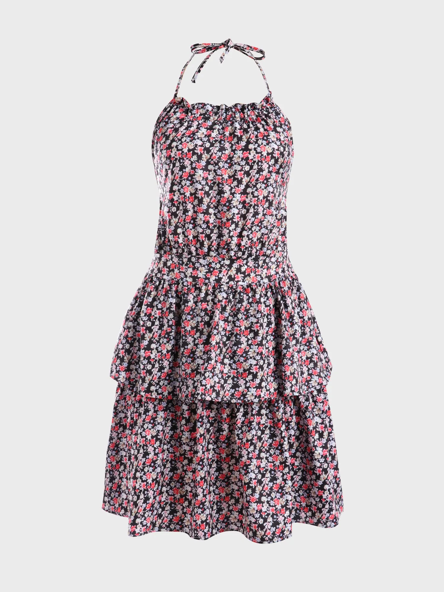 Midsize Alluring Floral Print Tiered Halter Dress