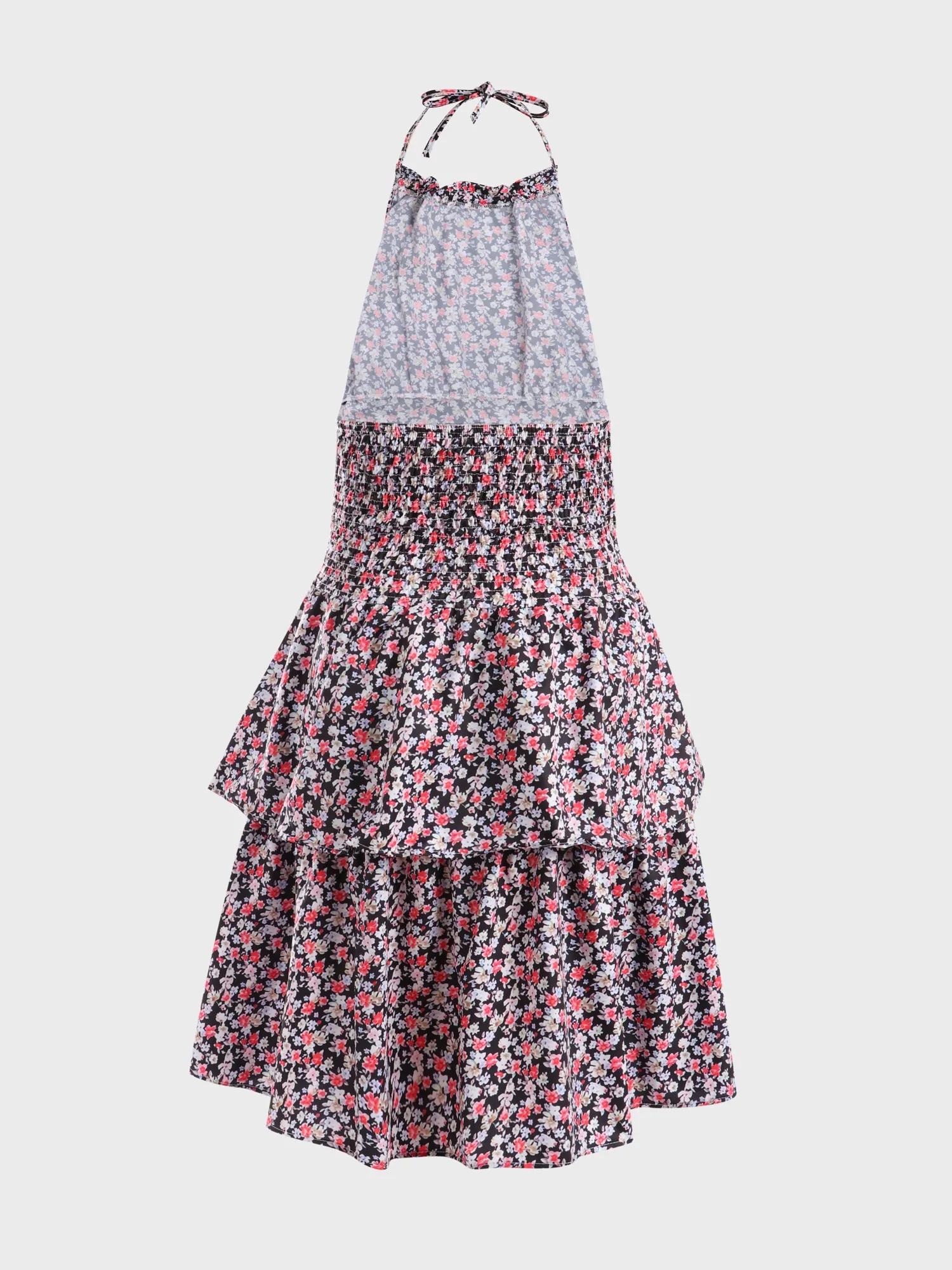 Midsize Alluring Floral Print Tiered Halter Dress