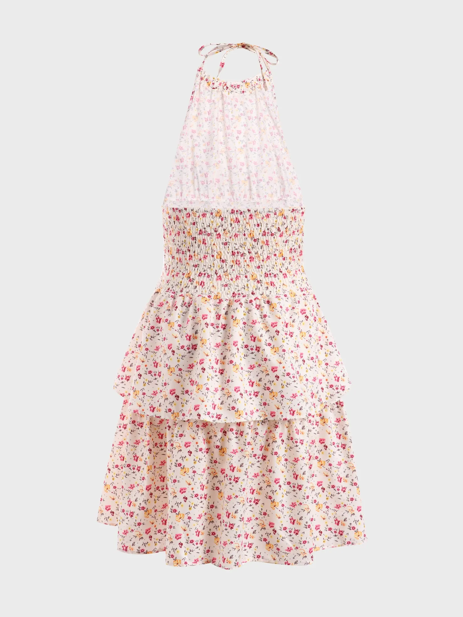 Midsize Alluring Floral Print Tiered Halter Dress