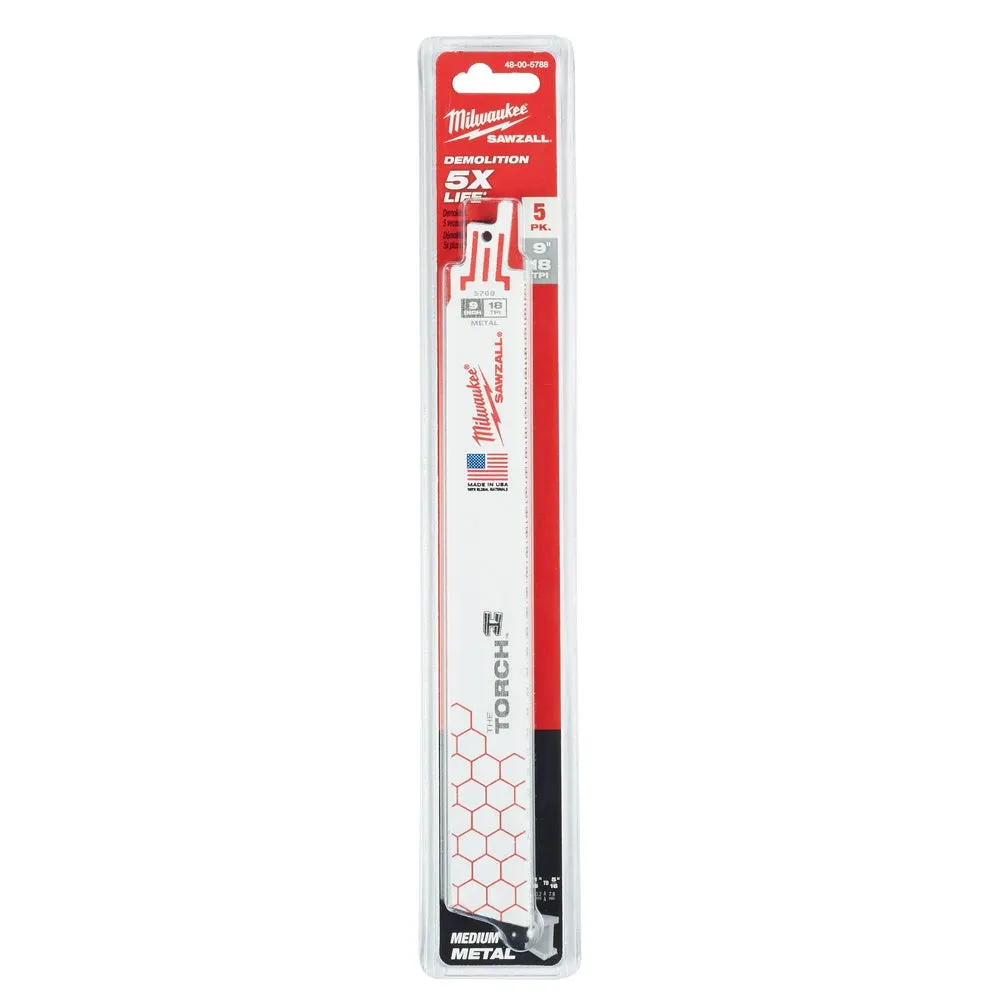 Milwaukee 48-00-5788 9" x 18TPI Super Sawzall Demolition Blade 5-Pack
