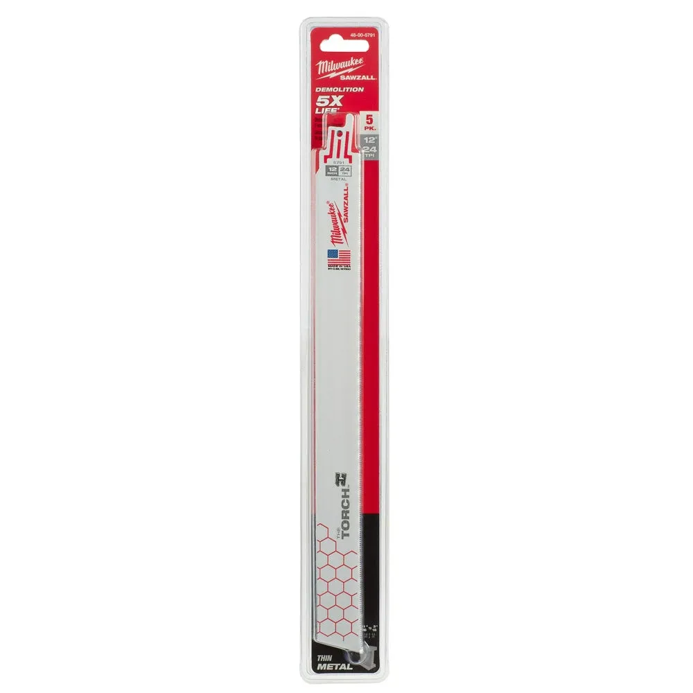 Milwaukee 48-00-5791 Super Sawzall Blade 24 Teeth per Inch 12-Inch Length, Torch, 5 Pack