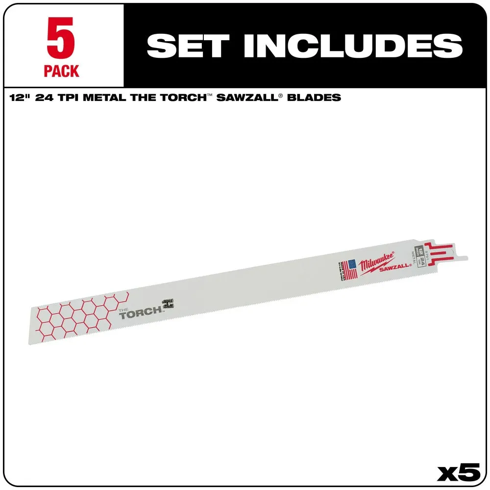 Milwaukee 48-00-5791 Super Sawzall Blade 24 Teeth per Inch 12-Inch Length, Torch, 5 Pack