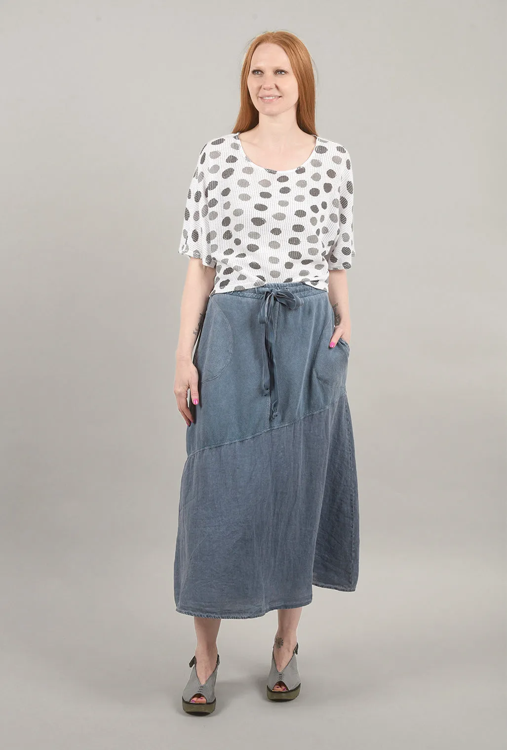 Mineral-Wash Midi Skirt, Denim