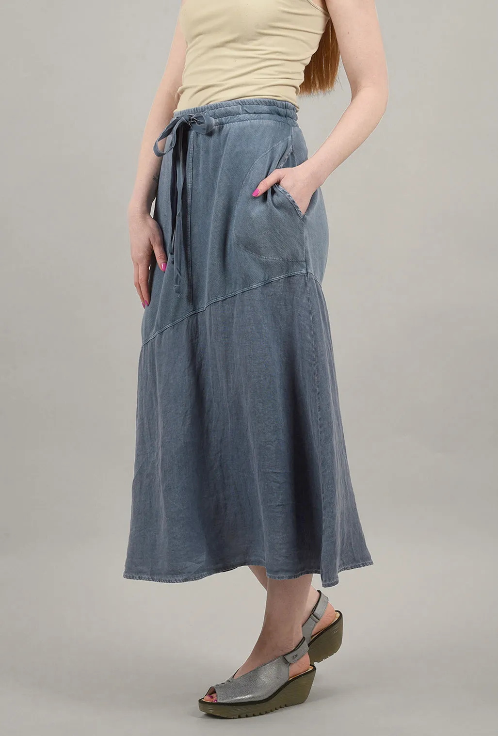 Mineral-Wash Midi Skirt, Denim