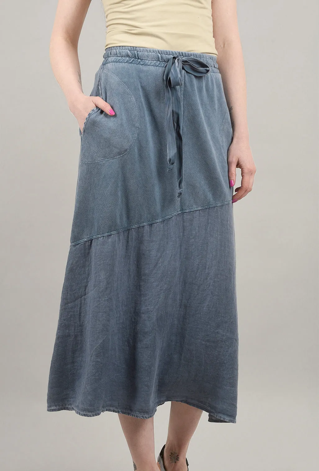 Mineral-Wash Midi Skirt, Denim
