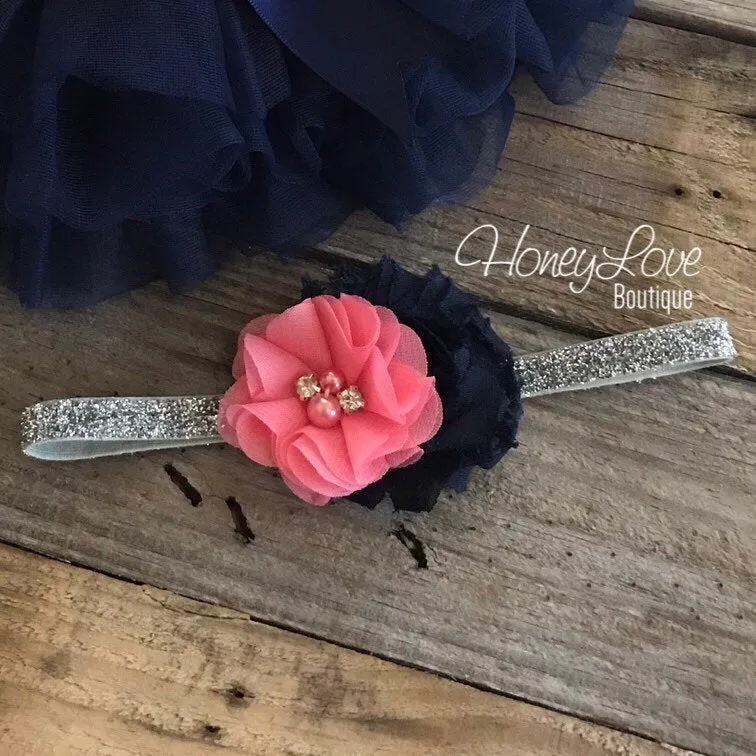 Navy Blue tutu skirt bloomers - embellished Coral pink rhinestone/pearl flower - with matching silver glitter headband
