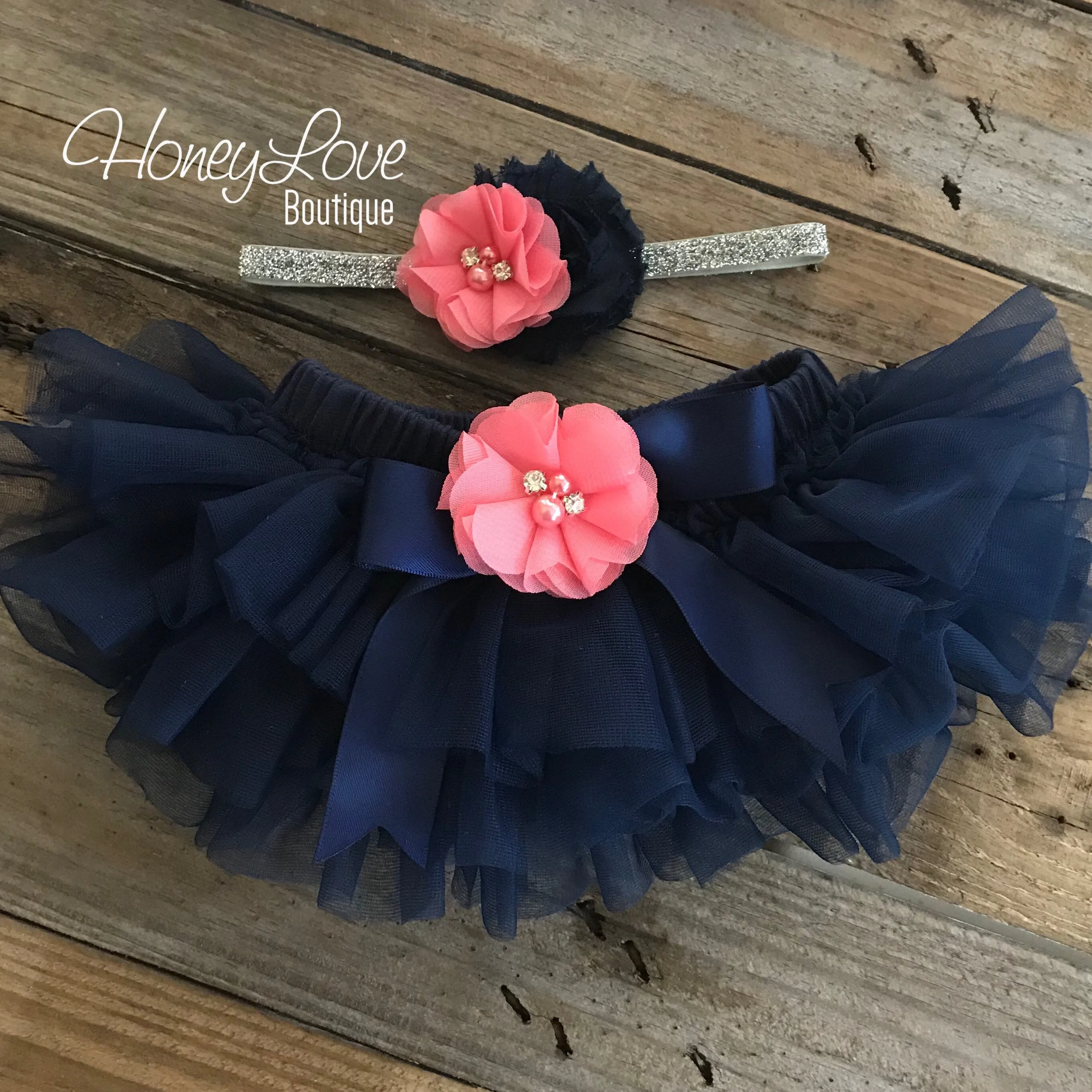 Navy Blue tutu skirt bloomers - embellished Coral pink rhinestone/pearl flower - with matching silver glitter headband