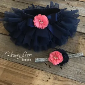Navy Blue tutu skirt bloomers - embellished Coral pink rhinestone/pearl flower - with matching silver glitter headband