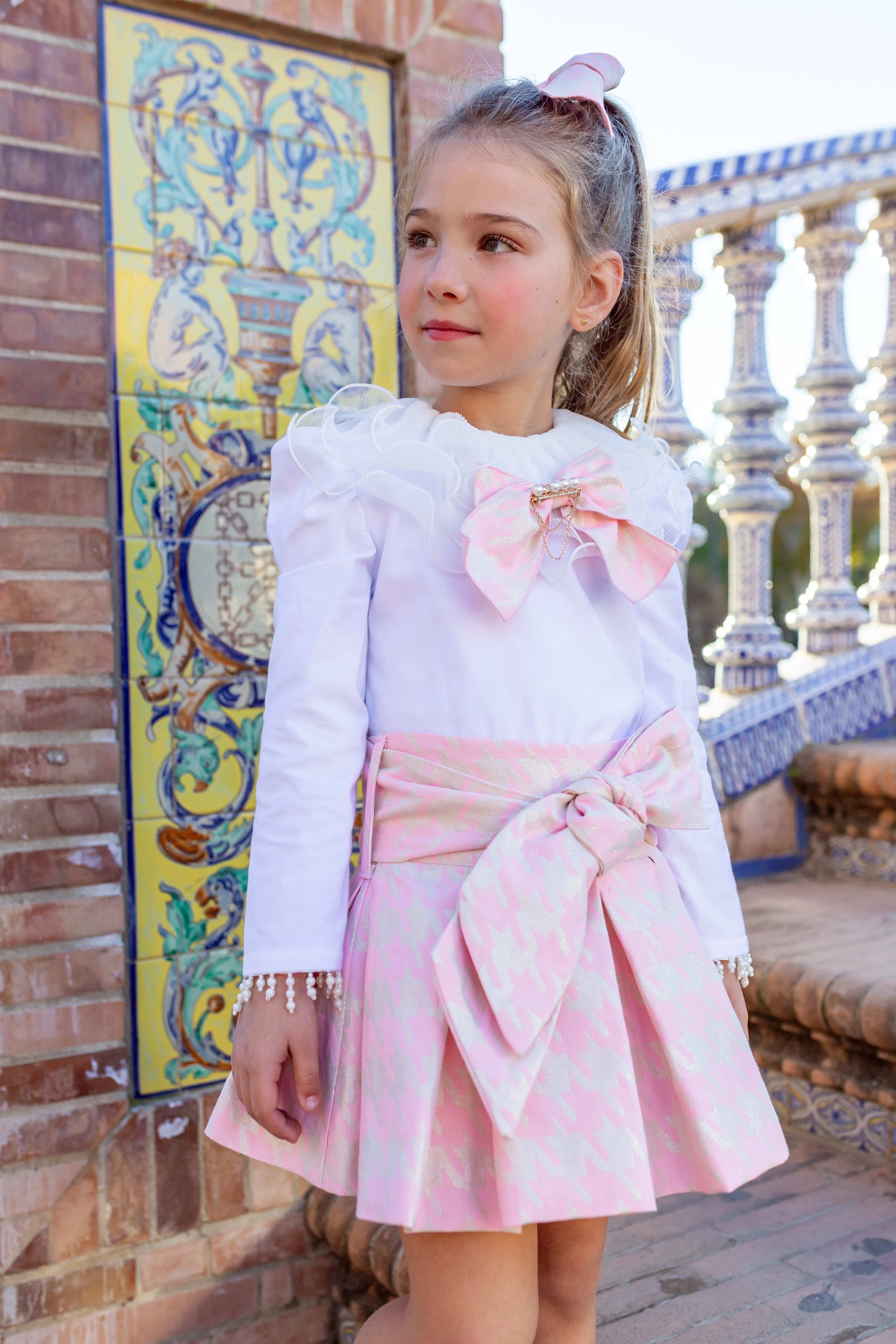 Naxos AW24 - Girls Pink Houndstooth Skirt & Ruffle Collar Top 7446