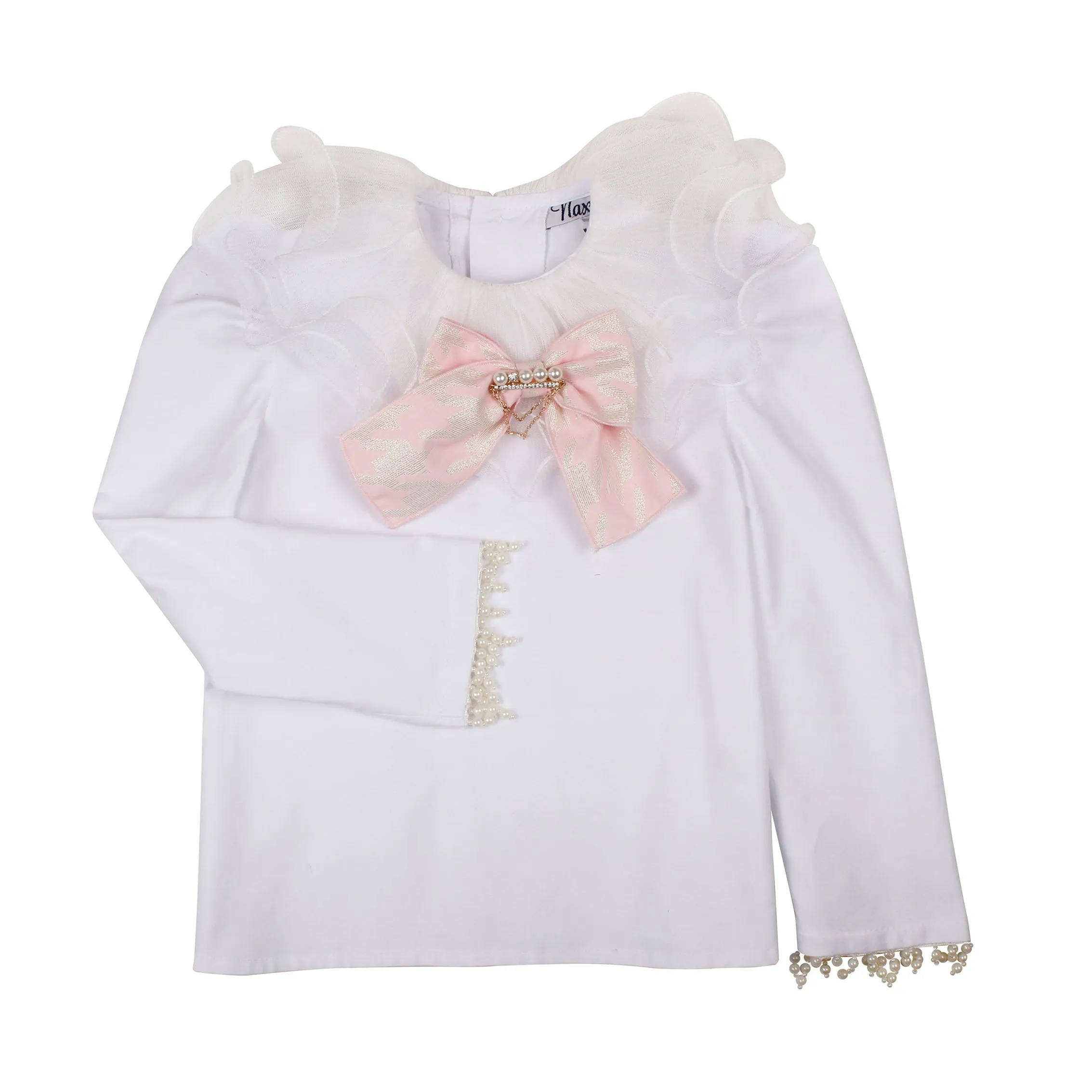 Naxos AW24 - Girls Pink Houndstooth Skirt & Ruffle Collar Top 7446