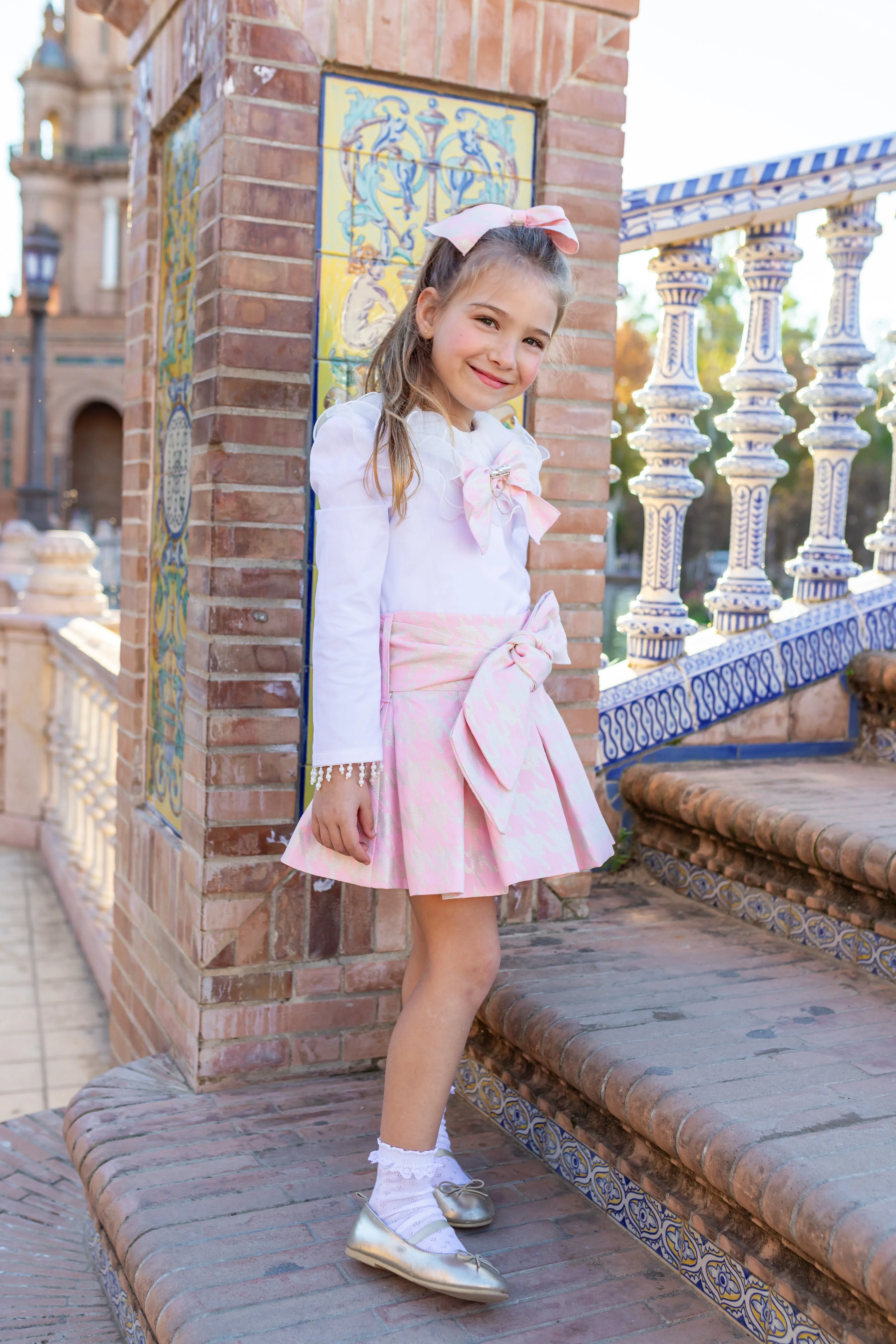 Naxos AW24 - Girls Pink Houndstooth Skirt & Ruffle Collar Top 7446
