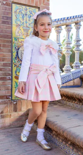 Naxos AW24 - Girls Pink Houndstooth Skirt & Ruffle Collar Top 7446