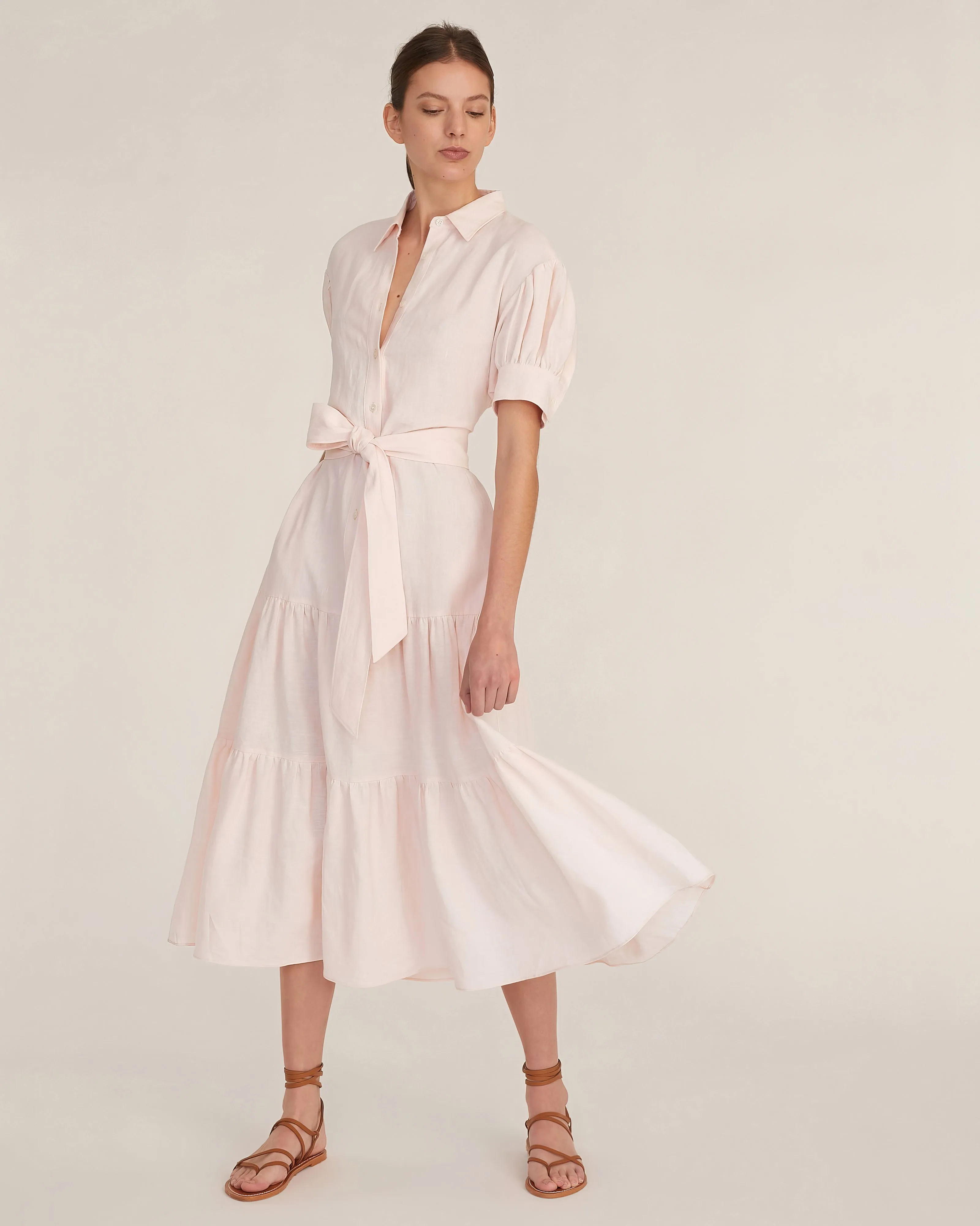 Presley Linen U-Back Button Down Midi Dress in Rosetta