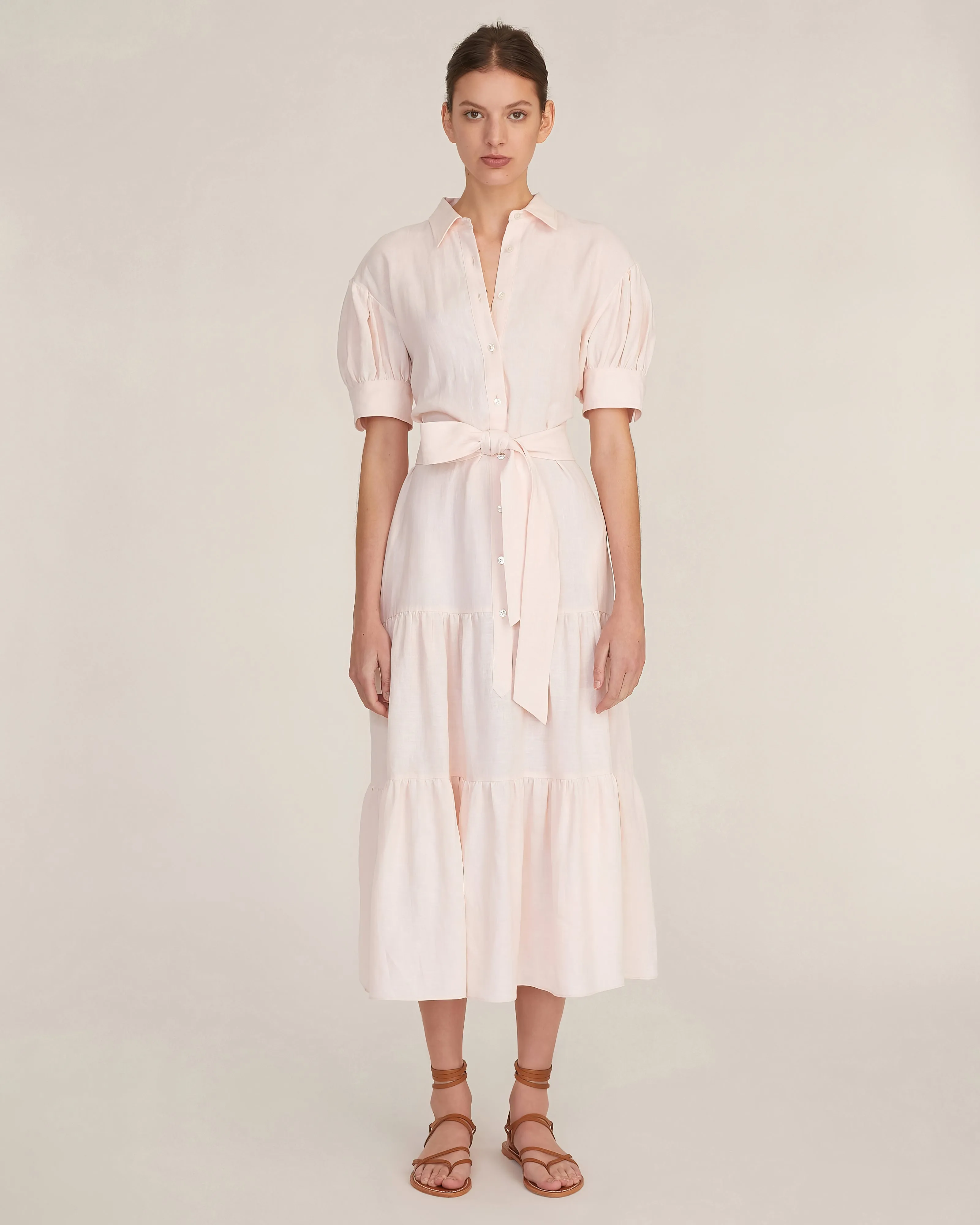 Presley Linen U-Back Button Down Midi Dress in Rosetta