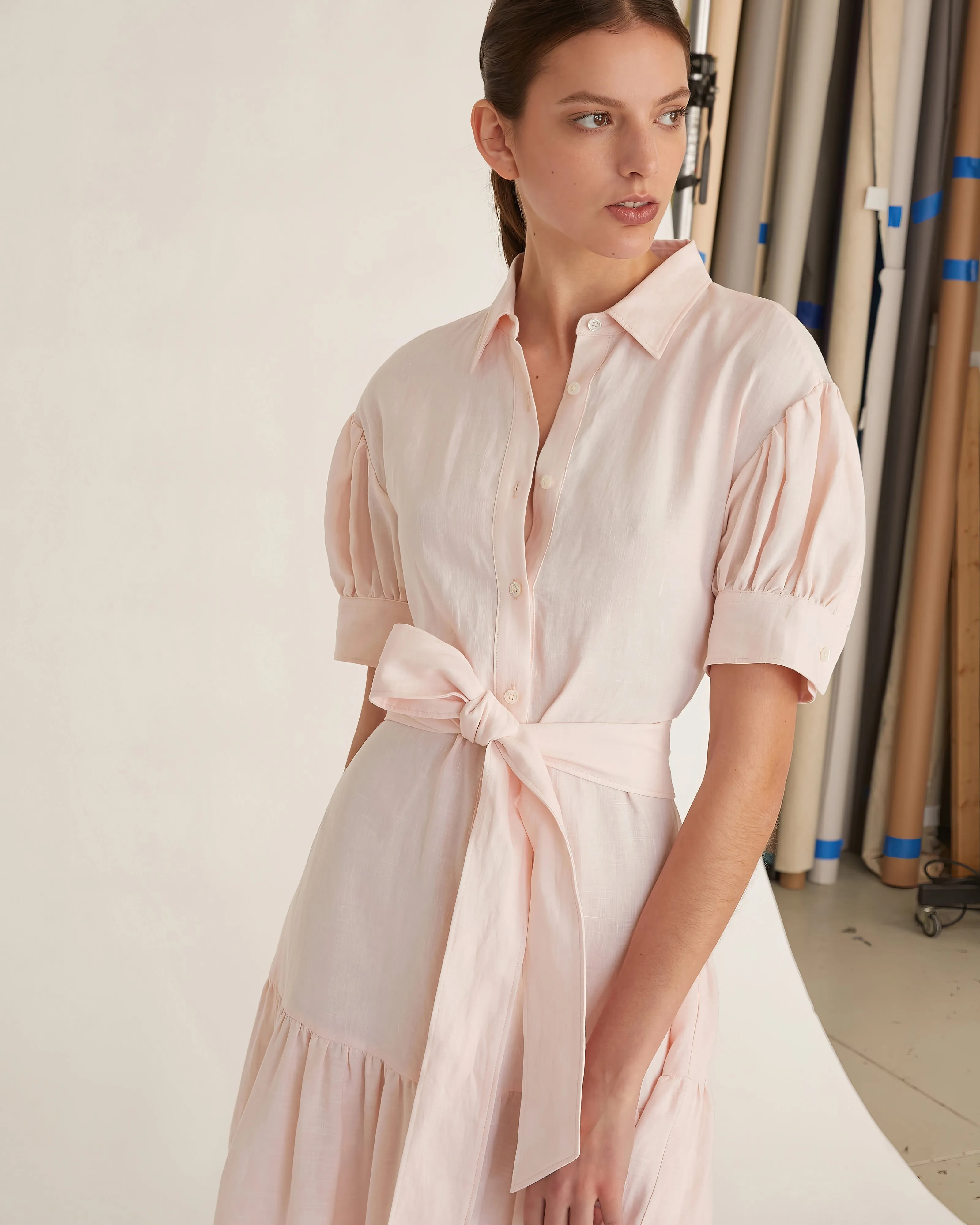 Presley Linen U-Back Button Down Midi Dress in Rosetta