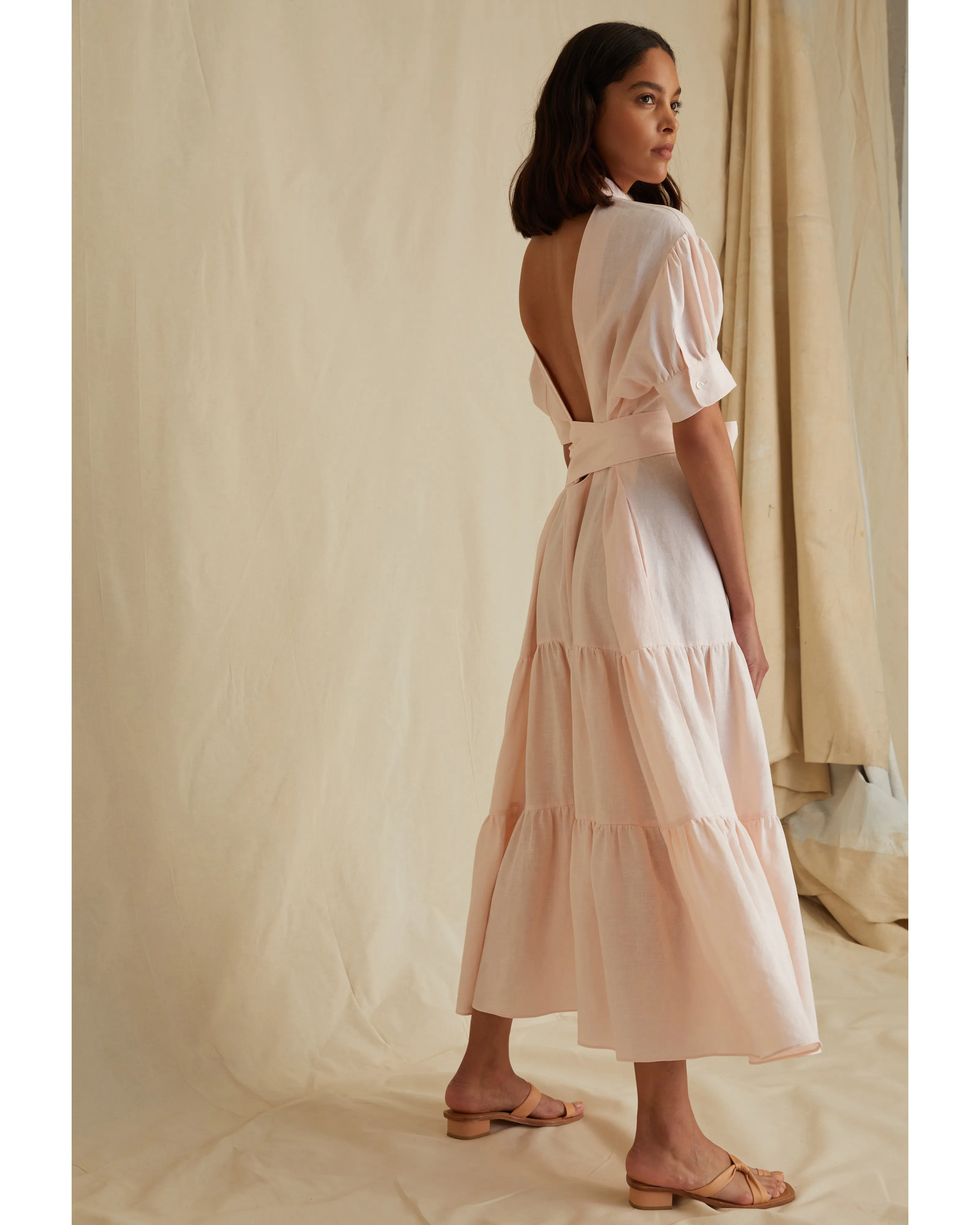 Presley Linen U-Back Button Down Midi Dress in Rosetta