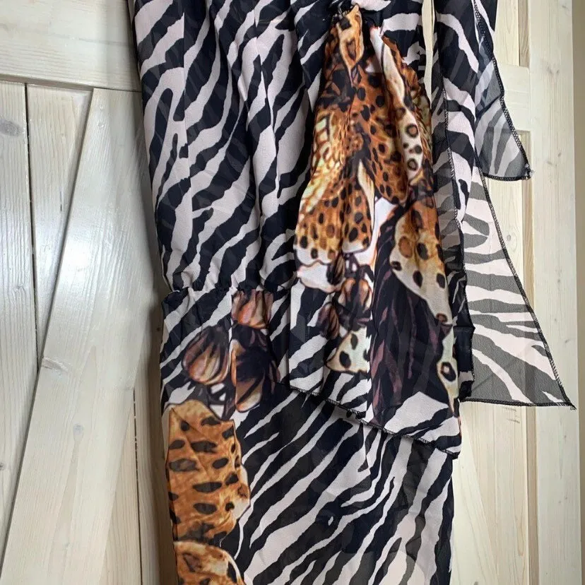 resort wrap / cover-up SERENGETI Zebra - Cheetah hybrid: midi dress / maxi skirt black white brown cream beach pool lake spa hot tub resort
