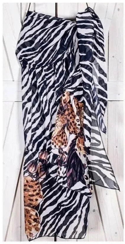 resort wrap / cover-up SERENGETI Zebra - Cheetah hybrid: midi dress / maxi skirt black white brown cream beach pool lake spa hot tub resort