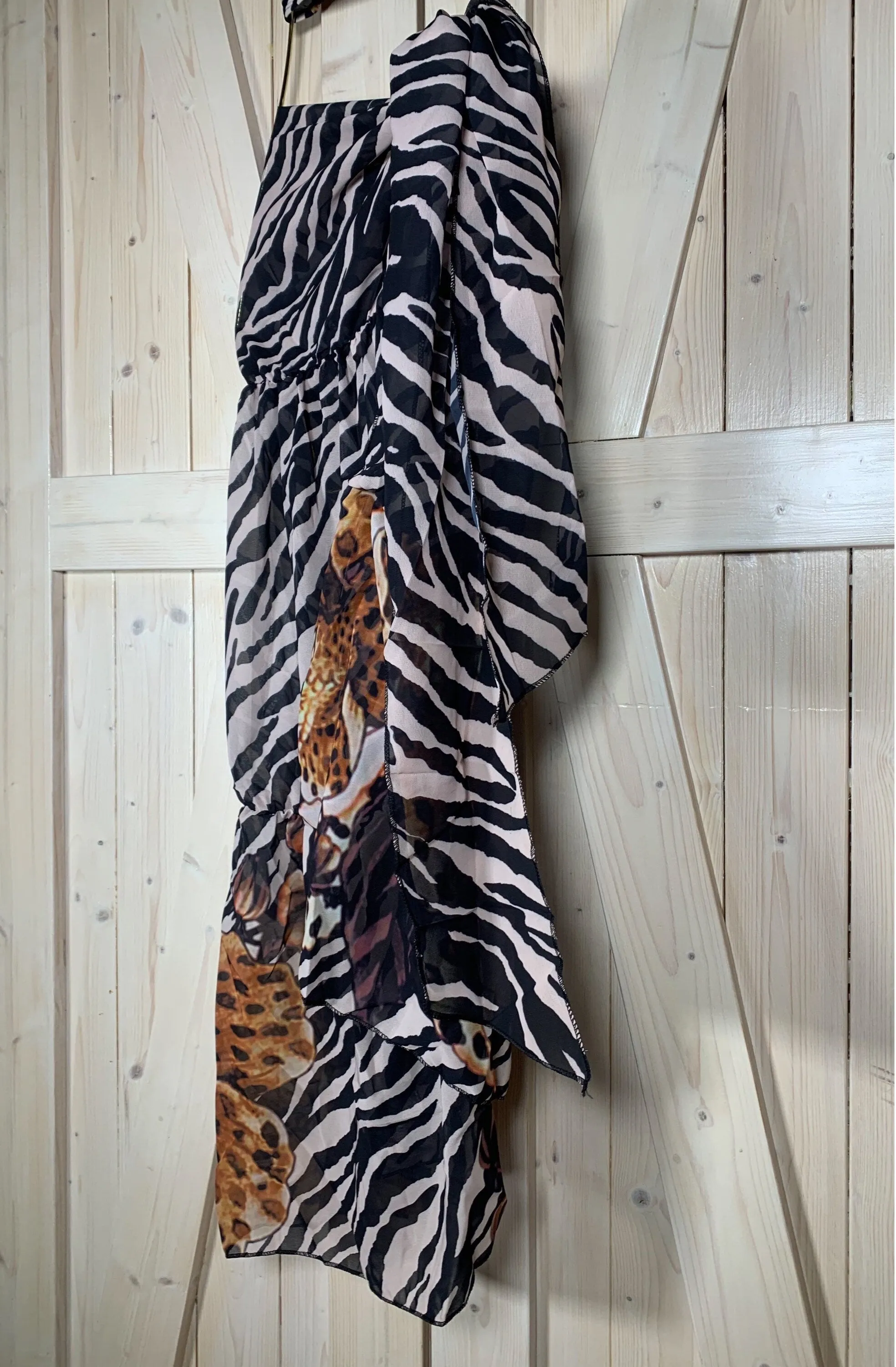 resort wrap / cover-up SERENGETI Zebra - Cheetah hybrid: midi dress / maxi skirt black white brown cream beach pool lake spa hot tub resort