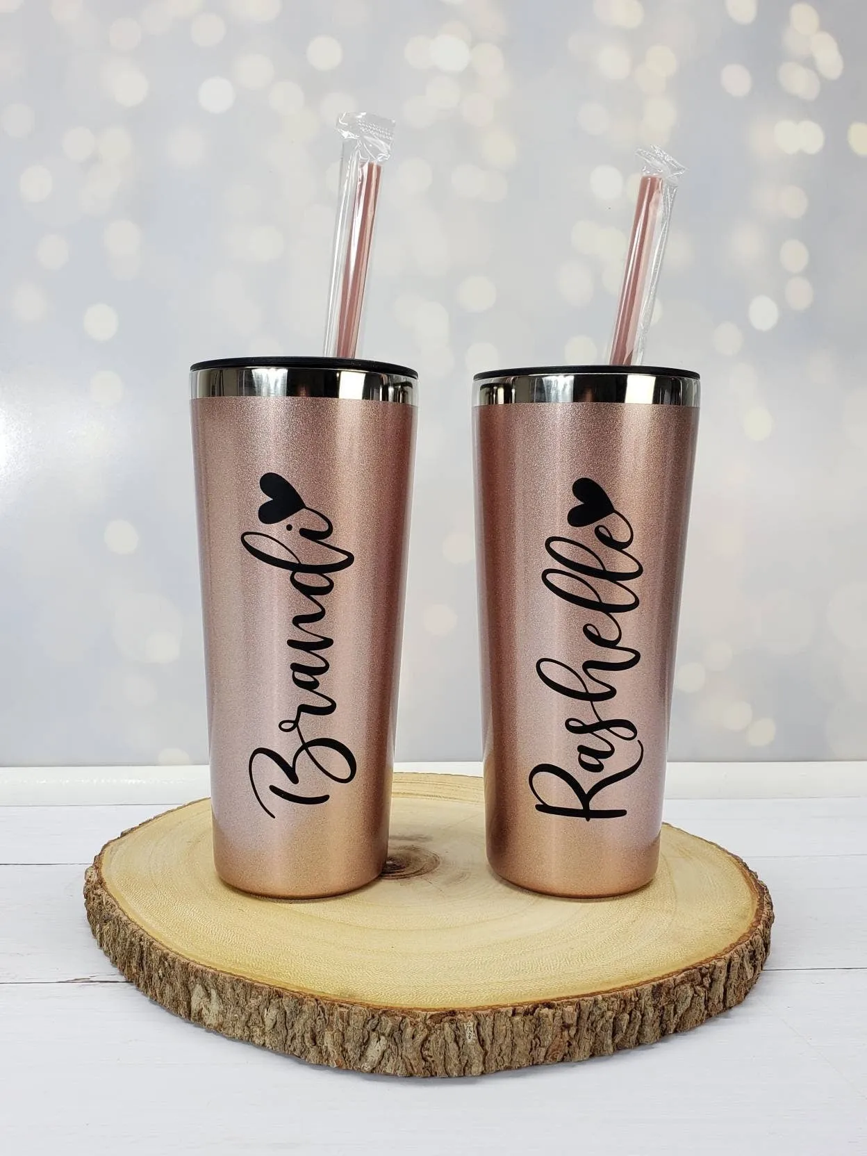Rose Gold Tumbler Personalized Name with Heart - Bridal Party Gift