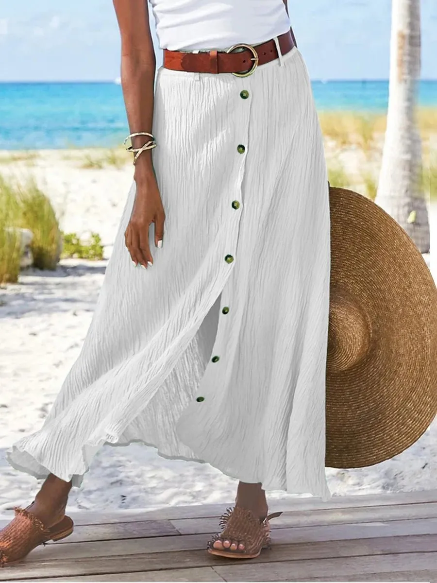 Skirts Cotton And Linen Button Slit A-Line Skirt for Women