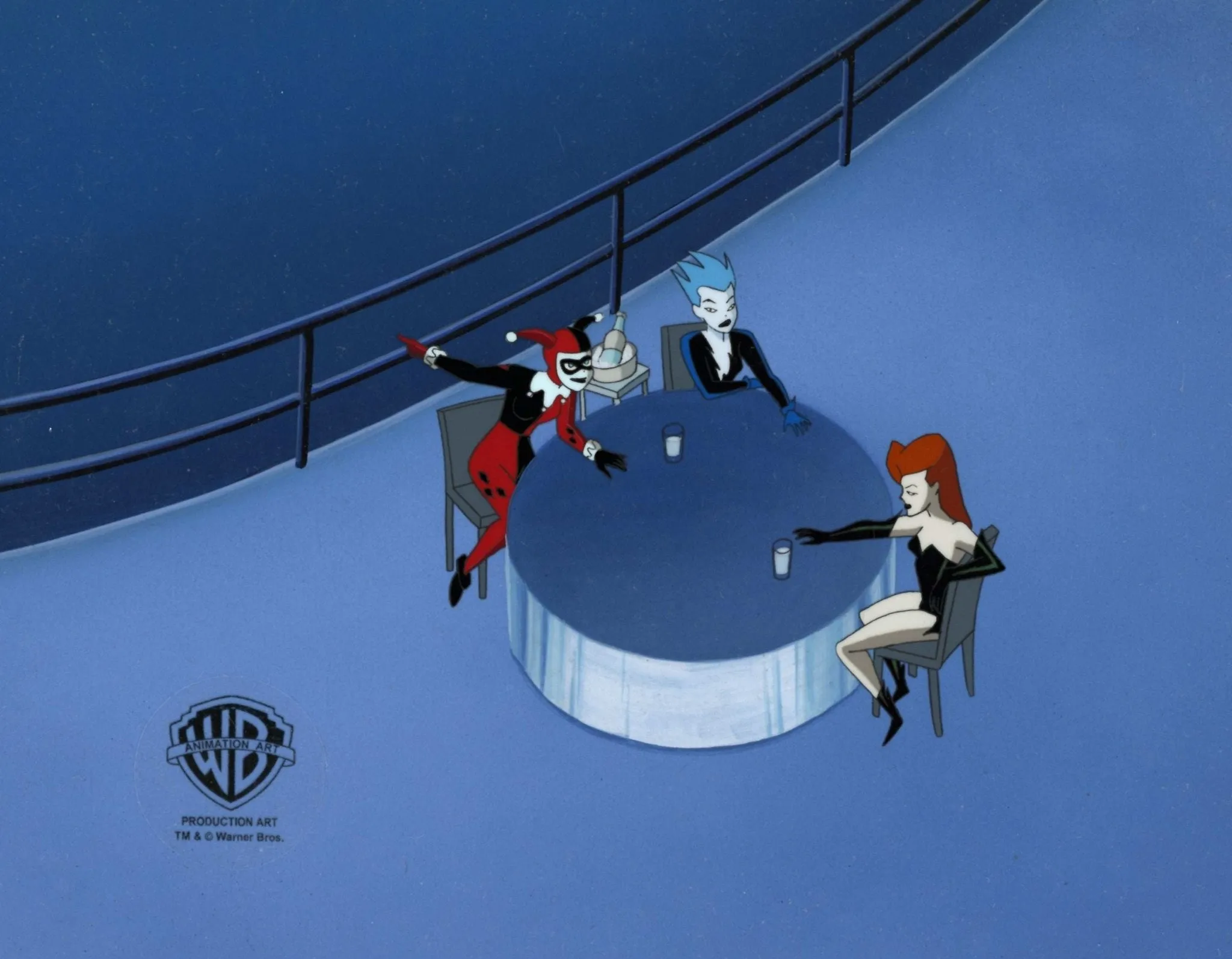 The New Batman Adventures Original Production Cel On Original Background: Harley Quinn, Livewire, and Poison Ivy