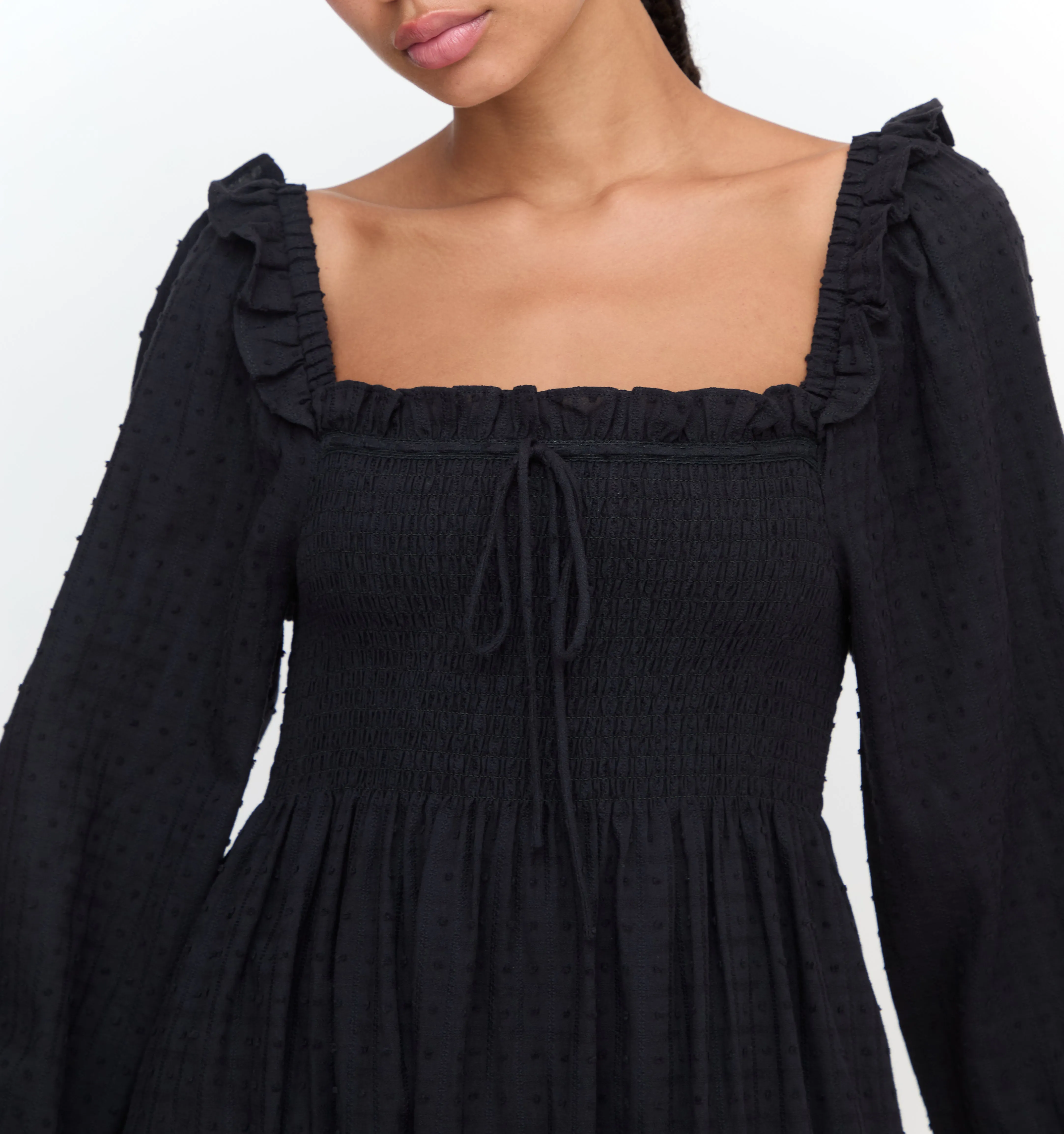 The Scarlett Long Sleeve Nap Dress - Black Textured Dot