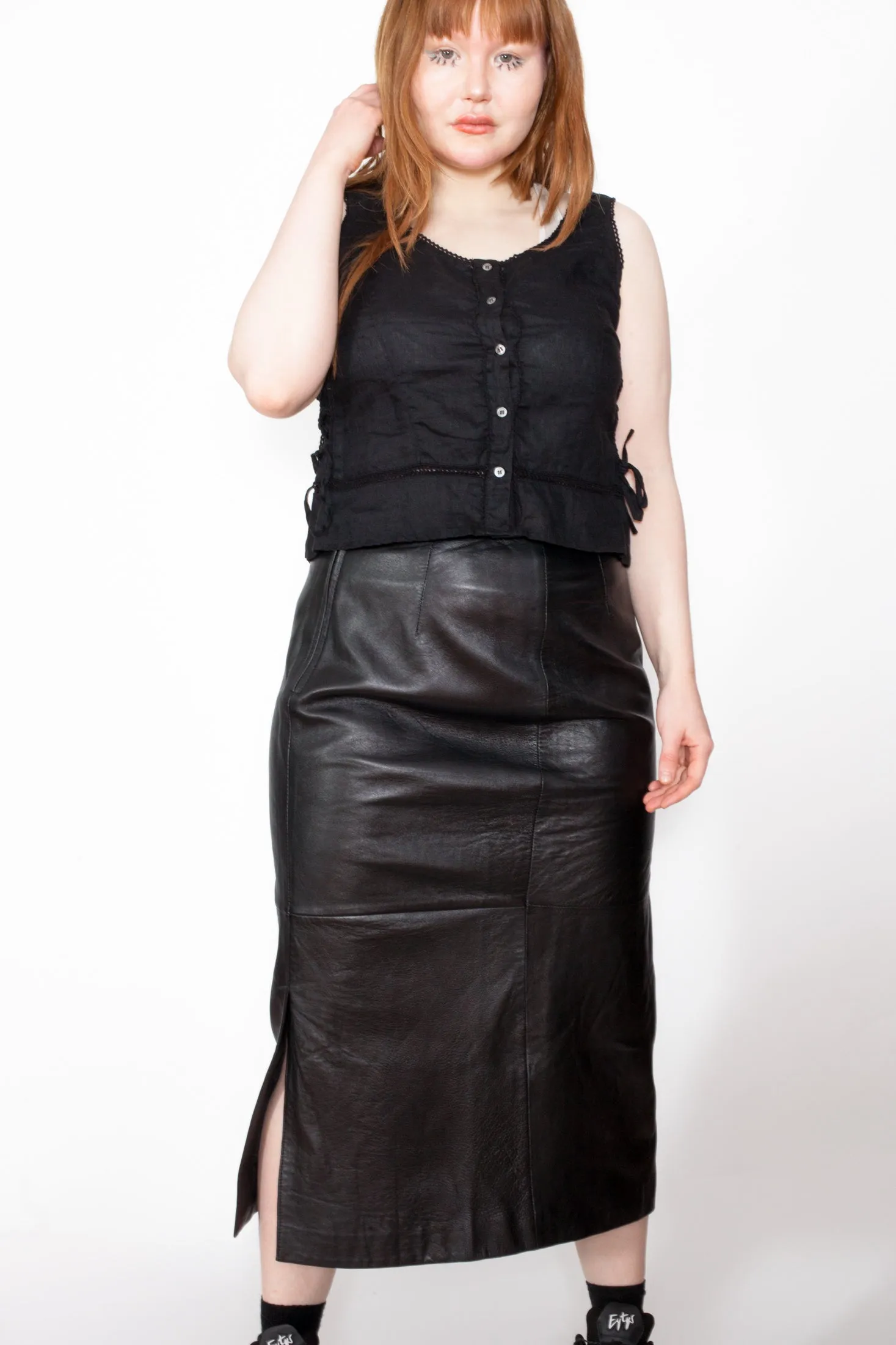 Vintage 90s Black Leather Pencil Skirt