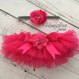 Watermelon Pink tutu skirt bloomers and silver glitter headband - embellished bloomer